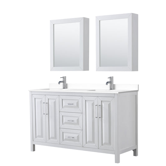 Wyndham Collection Daria 60 Inch Double Bathroom Vanity in White, White Cultured Marble Countertop, Undermount Square Sinks, Medicine Cabinets - Luxe Bathroom Vanities