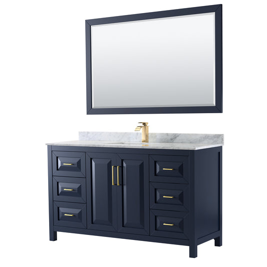 60 Inch Single Bathroom Vanity in Dark Blue, White Carrara Marble Countertop, Undermount Square Sink, 58 Inch Mirror - Luxe Bathroom Vanities Luxury Bathroom Fixtures Bathroom Furniture