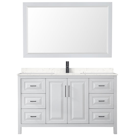 Wyndham Daria 60 Inch Single Bathroom Vanity Light-Vein Carrara Cultured Marble Countertop, Undermount Square Sink in Matte Black Trim with 58 Inch Mirror - Luxe Bathroom Vanities