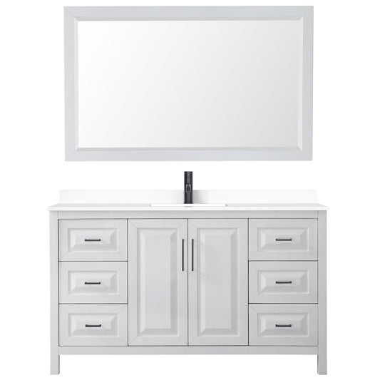 Wyndham Daria 60 Inch Single Bathroom Vanity White Cultured Marble Countertop, Undermount Square Sink in Matte Black Trim with 58 Inch Mirror - Luxe Bathroom Vanities