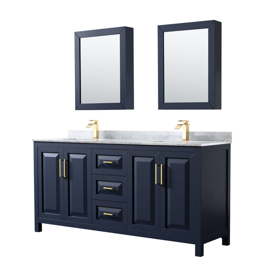 72 Inch Double Bathroom Vanity in Dark Blue, White Carrara Marble Countertop, Undermount Square Sinks, Medicine Cabinets - Luxe Bathroom Vanities Luxury Bathroom Fixtures Bathroom Furniture
