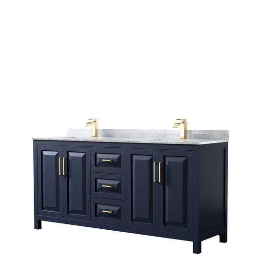 72 Inch Double Bathroom Vanity in Dark Blue, White Carrara Marble Countertop, Undermount Square Sinks, No Mirror - Luxe Bathroom Vanities Luxury Bathroom Fixtures Bathroom Furniture