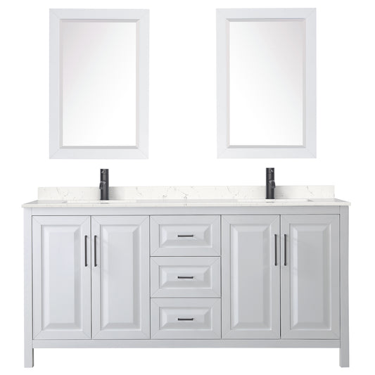 Wyndham Daria 72 Inch Double Bathroom Vanity Light-Vein Carrara Cultured Marble Countertop, Undermount Square Sinks in Matte Black Trim with 24 Inch Mirrors - Luxe Bathroom Vanities