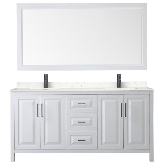 Wyndham Daria 72 Inch Double Bathroom Vanity Light-Vein Carrara Cultured Marble Countertop, Undermount Square Sinks in Matte Black Trim with 70 Inch Mirror - Luxe Bathroom Vanities