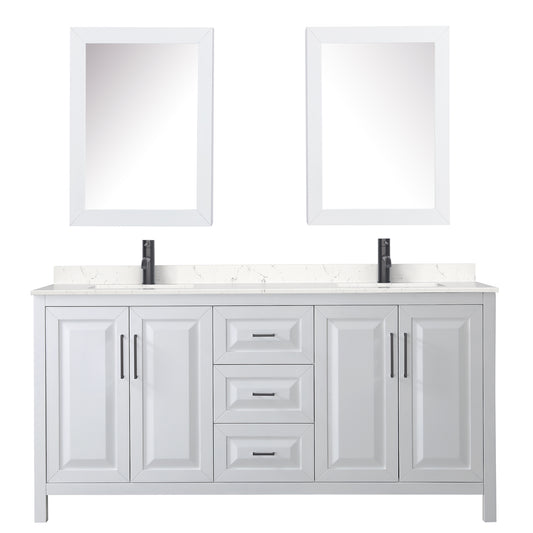 Wyndham Daria 72 Inch Double Bathroom Vanity Light-Vein Carrara Cultured Marble Countertop, Undermount Square Sinks in Matte Black Trim with Medicine Cabinets - Luxe Bathroom Vanities