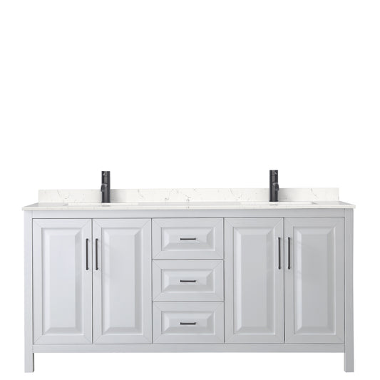 Wyndham Daria 72 Inch Double Bathroom Vanity Light-Vein Carrara Cultured Marble Countertop with Undermount Square Sinks in Matte Black Trim - Luxe Bathroom Vanities