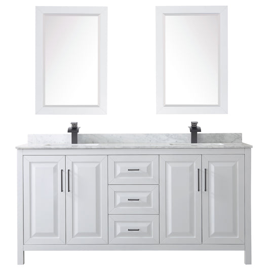 Wyndham Daria 72 Inch Double Bathroom Vanity White Carrara Marble Countertop, Undermount Square Sinks in Matte Black Trim with 24 Inch Mirrors - Luxe Bathroom Vanities
