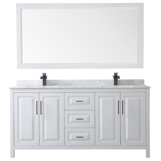 Wyndham Daria 72 Inch Double Bathroom Vanity White Carrara Marble Countertop, Undermount Square Sinks in Matte Black Trim with 70 Inch Mirror - Luxe Bathroom Vanities