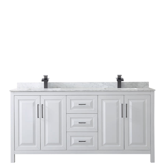 Wyndham Daria 72 Inch Double Bathroom Vanity White Carrara Marble Countertop with Undermount Square Sinks in Matte Black Trim - Luxe Bathroom Vanities