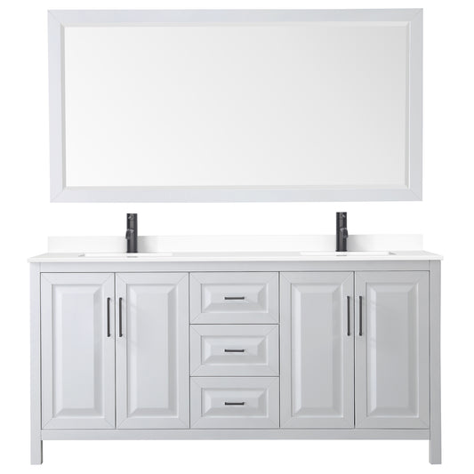 Wyndham Daria 72 Inch Double Bathroom Vanity White Cultured Marble Countertop, Undermount Square Sinks in Matte Black Trim with 70 Inch Mirror - Luxe Bathroom Vanities
