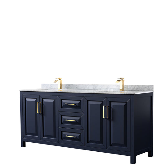80 Inch Double Bathroom Vanity in Dark Blue, White Carrara Marble Countertop, Undermount Square Sinks, No Mirror - Luxe Bathroom Vanities Luxury Bathroom Fixtures Bathroom Furniture