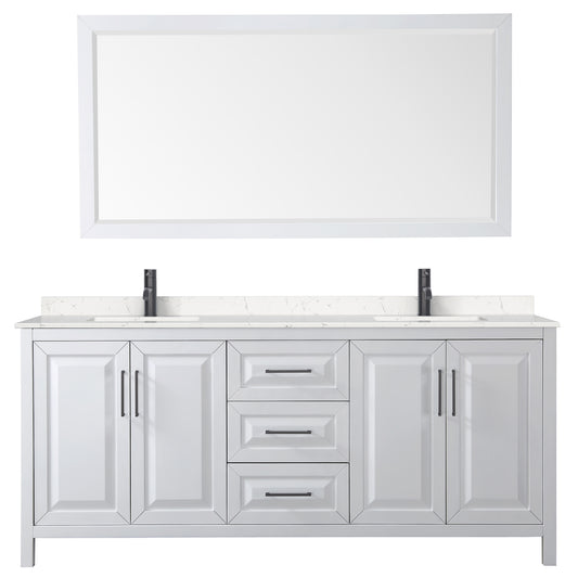Wyndham Daria 80 Inch Double Bathroom Vanity Light-Vein Carrara Cultured Marble Countertop, Undermount Square Sinks in Matte Black Trim with 70 Inch Mirror - Luxe Bathroom Vanities