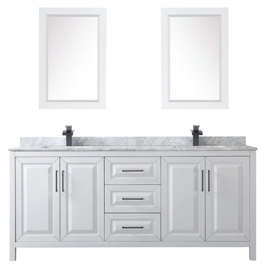Wyndham Daria 80 Inch Double Bathroom Vanity White Carrara Marble Countertop, Undermount Square Sinks in Matte Black Trim with 24 Inch Mirrors - Luxe Bathroom Vanities