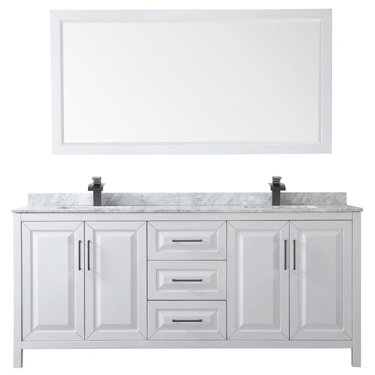 Wyndham Daria 80 Inch Double Bathroom Vanity White Carrara Marble Countertop, Undermount Square Sinks in Matte Black Trim with 70 Inch Mirror - Luxe Bathroom Vanities