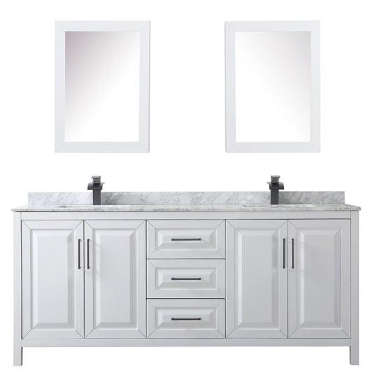 Wyndham Daria 80 Inch Double Bathroom Vanity White Carrara Marble Countertop, Undermount Square Sinks in Matte Black Trim with Medicine Cabinets - Luxe Bathroom Vanities