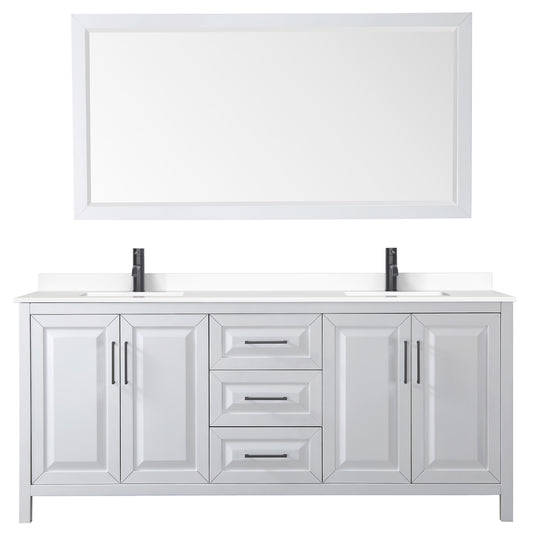Wyndham Daria 80 Inch Double Bathroom Vanity White Cultured Marble Countertop, Undermount Square Sinks in Matte Black Trim with 70 Inch Mirror - Luxe Bathroom Vanities