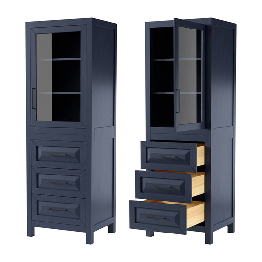 Wyndham Daria Linen Tower with Shelved Cabinet Storage and 3 Drawers in Matte Black Trim - Luxe Bathroom Vanities