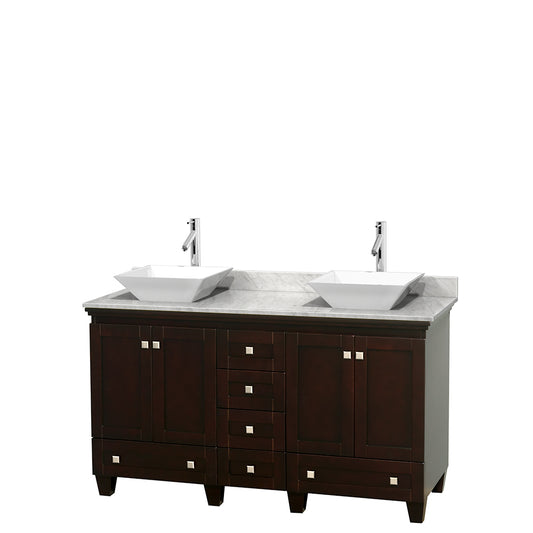 60 inch Double Bathroom Vanity in Espresso, White Carrara Marble Countertop, Pyra White Sinks, and No Mirrors - Luxe Bathroom Vanities Luxury Bathroom Fixtures Bathroom Furniture