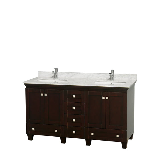 60 inch Double Bathroom Vanity in Espresso, White Carrara Marble Countertop, Undermount Square Sinks, and No Mirrors - Luxe Bathroom Vanities Luxury Bathroom Fixtures Bathroom Furniture