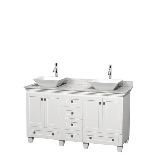60 inch Double Bathroom Vanity in White, White Carrara Marble Countertop, Pyra White Sinks, and No Mirrors - Luxe Bathroom Vanities Luxury Bathroom Fixtures Bathroom Furniture