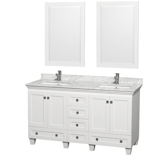 60 inch Double Bathroom Vanity in White, White Carrara Marble Countertop, Undermount Square Sinks, and 24 inch Mirrors - Luxe Bathroom Vanities Luxury Bathroom Fixtures Bathroom Furniture
