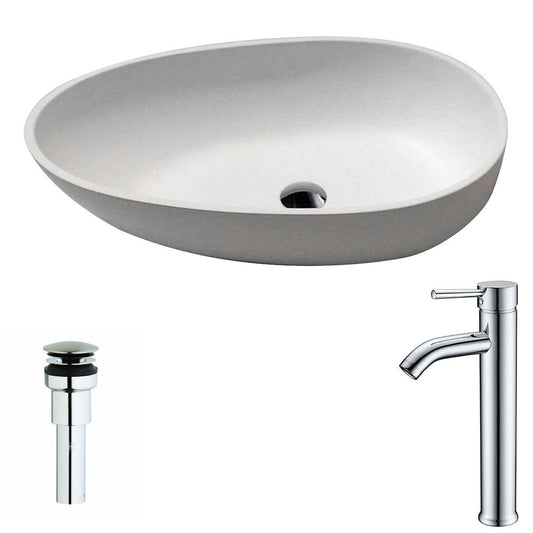 Trident 1-Piece Man Made Stone Vessel Sink in Matte White with Fann Faucet in Chrome - Luxe Bathroom Vanities