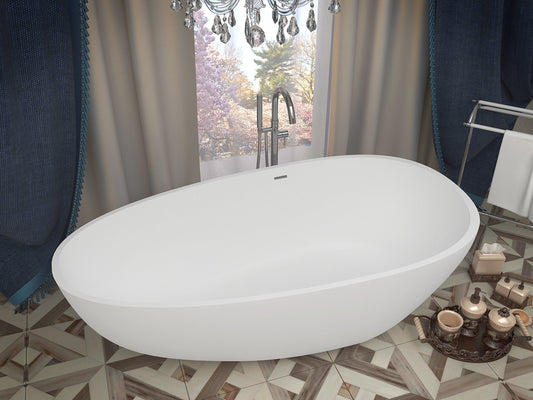 Fiume 5.6 ft. Man-Made Stone Center Drain Freestanding Bathtub in Matte White - Luxe Bathroom Vanities Luxury Bathroom Fixtures Bathroom Furniture