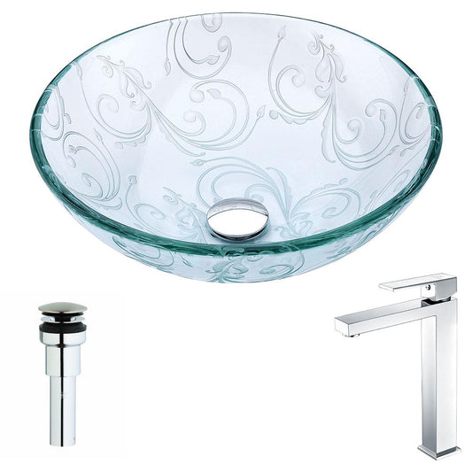 Vieno Series Deco-Glass Vessel Sink in Crystal Clear Floral with Enti Faucet - Luxe Bathroom Vanities