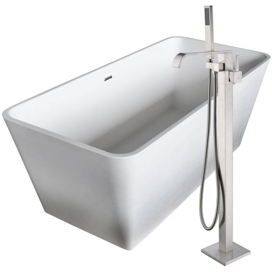 Cenere 58.25 in. Man-Made Stone Soaking Bathtub in White with Angel Faucet in Brushed Nickel - Luxe Bathroom Vanities Luxury Bathroom Fixtures Bathroom Furniture