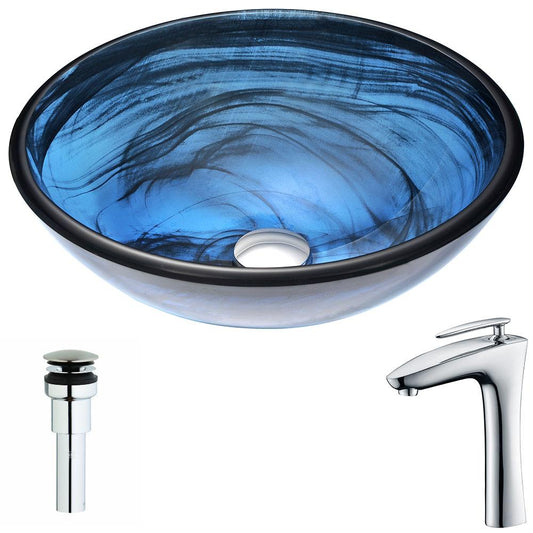 Soave Series Deco-Glass Vessel Sink in Sapphire Wisp with Crown Faucet in Chrome - Luxe Bathroom Vanities