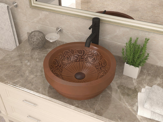 Admiral 20 in. Handmade Vessel Sink in Polished Antique Copper with Floral Design Interior - Luxe Bathroom Vanities