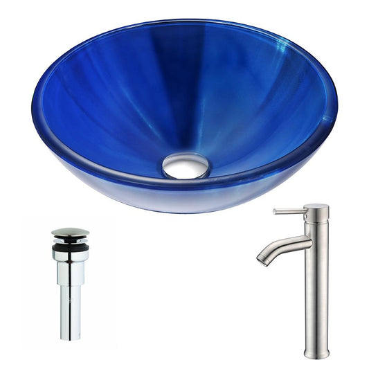 Meno Series Deco-Glass Vessel Sink in Lustrous Blue with Fann Faucet in Brushed Nickel - Luxe Bathroom Vanities