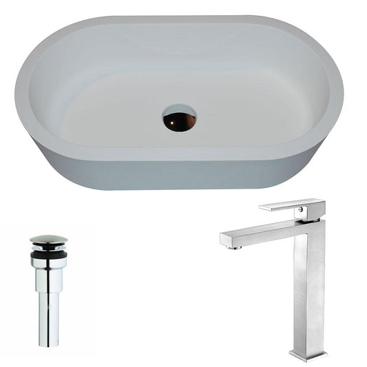 Vaine Series 1-Piece Man Made Stone Vessel Sink in Matte White with Enti Faucet in Brushed Nickel - Luxe Bathroom Vanities