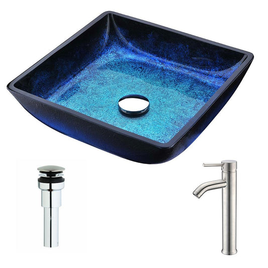 Viace Series Deco-Glass Vessel Sink in Blazing Blue with Fann Faucet in Brushed Nickel - Luxe Bathroom Vanities