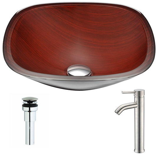 Cansa Series Deco-Glass Vessel Sink in Rich Timber with Fann Faucet in Brushed Nickel - Luxe Bathroom Vanities