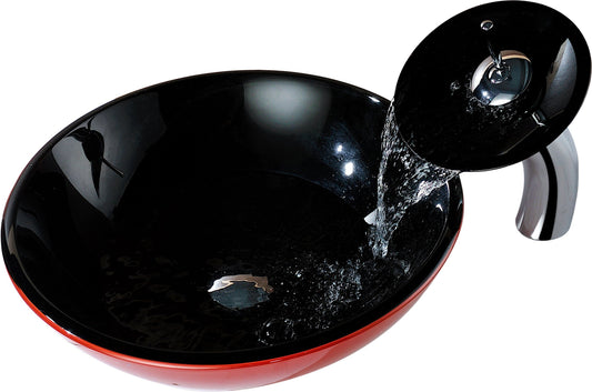 Chord Series Deco-Glass Vessel Sink in Lustrous Black and Red with Matching Chrome Waterfall Faucet - Luxe Bathroom Vanities