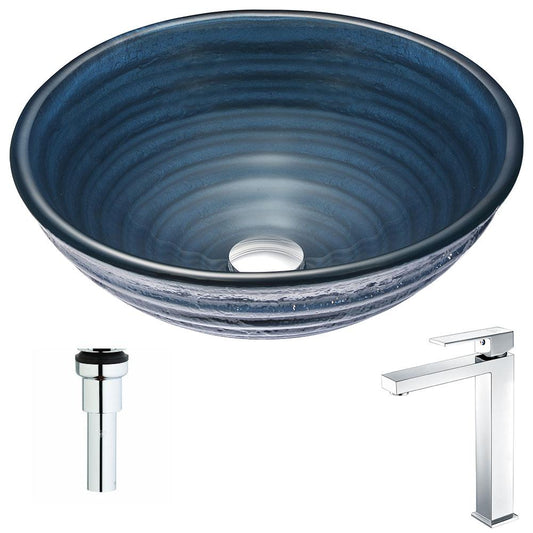 Tempo Series Deco-Glass Vessel Sink in Coiled Blue with Enti Faucet - Luxe Bathroom Vanities