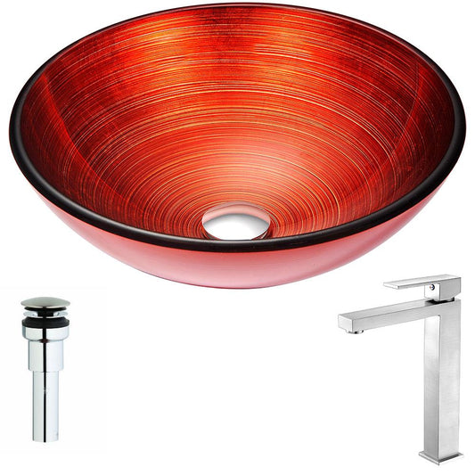 Echo Series Deco-Glass Vessel Sink in Lustrous Red with Enti Faucet in Brushed Nickel - Luxe Bathroom Vanities