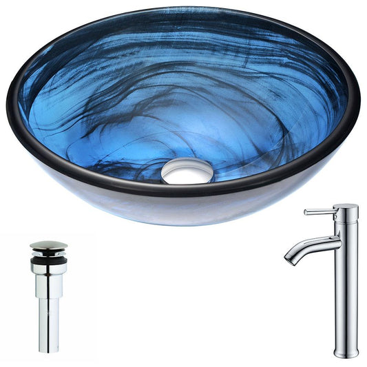 Soave Series Deco-Glass Vessel Sink in Sapphire Wisp with Fann Faucet in Chrome - Luxe Bathroom Vanities