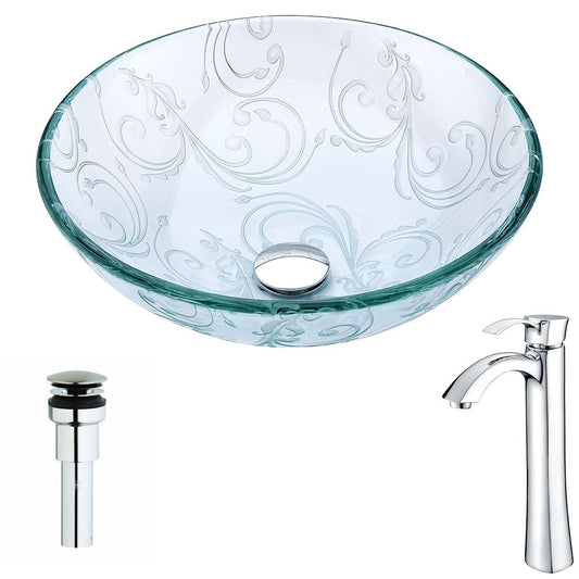 Vieno Series Deco-Glass Vessel Sink in Crystal Clear Floral with Harmony Faucet - Luxe Bathroom Vanities