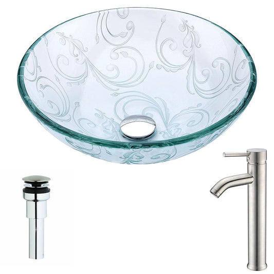 Vieno Series Deco-Glass Vessel Sink in Crystal Clear Floral with Fann Faucet in Brushed Nickel - Luxe Bathroom Vanities
