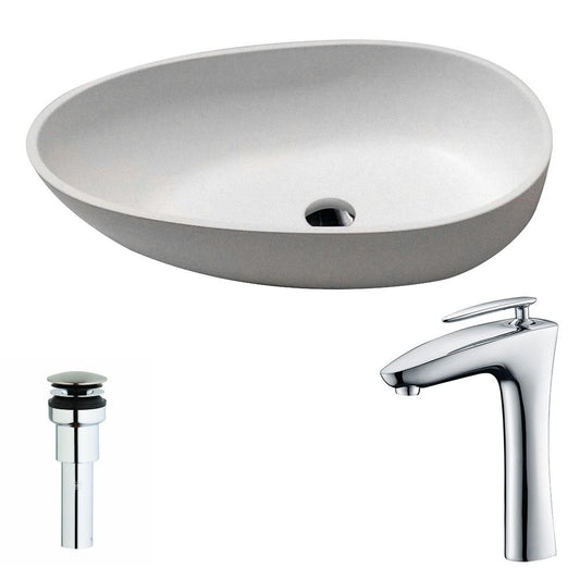 Trident 1-Piece Man Made Stone Vessel Sink in Matte White with Crown Faucet in Chrome - Luxe Bathroom Vanities