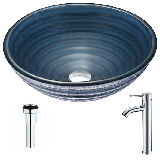 Tempo Series Deco-Glass Vessel Sink in Coiled Blue with Fann Faucet in Polished Chrome - Luxe Bathroom Vanities