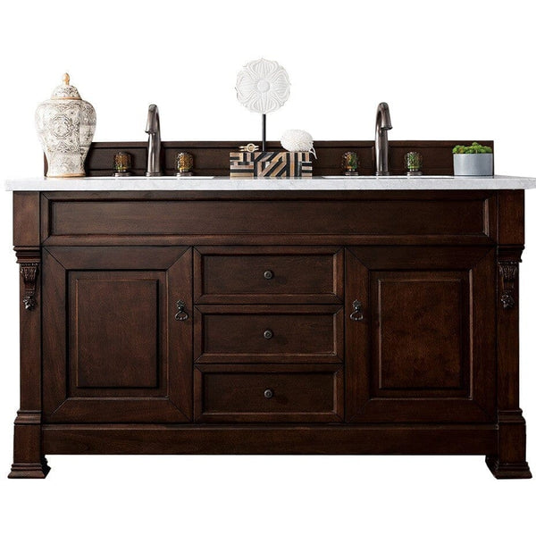 James Martin Brookfield 60" Double Vanity Vanities James Martin Burnished Mahogany w/ 3 CM Arctic Fall Solid Surface Top 