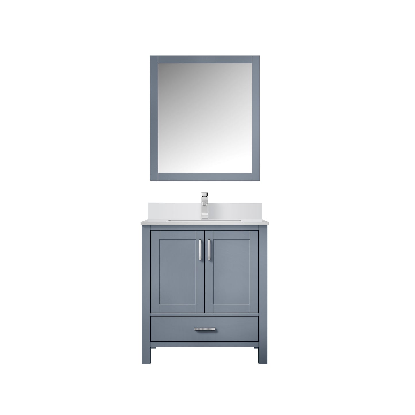 Lexora Collection Jacques 30 inch Bath Vanity, White Quartz Top, Faucet Set, and 28 inch Mirror - Luxe Bathroom Vanities