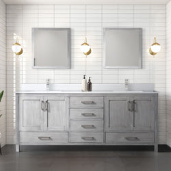 Lexora Collection Jacques 80 inch Double Bath Vanity, White Quartz Top, Faucet Set, and 30 inch Mirrors - Luxe Bathroom Vanities