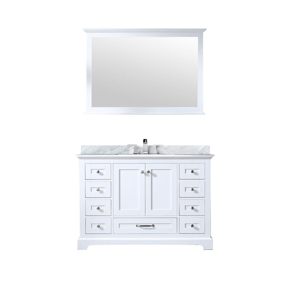 Lexora Collection Dukes 48 inch Single Bath Vanity, Carrara Marble Top, Faucet Set, and 46 inch Mirror - Luxe Bathroom Vanities