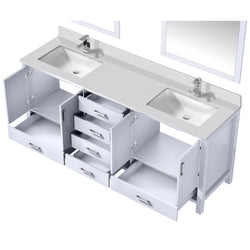 Lexora Collection Jacques 80 inch Double Bath Vanity, White Quartz Top, Faucet Set, and 30 inch Mirrors - Luxe Bathroom Vanities