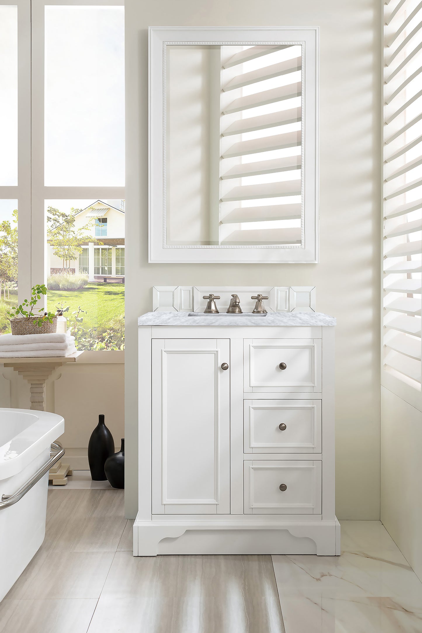 De Soto 30" Single Vanity, Bright White w/ 3 CM Carrara Marble Top