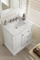 De Soto 30" Single Vanity, Bright White w/ 3 CM Carrara Marble Top